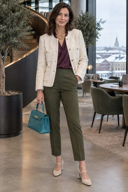 A cream textured jacket over a plum blouse and olive trousers, styled with beige strap flats, gold jewelry, and a teal handbag.