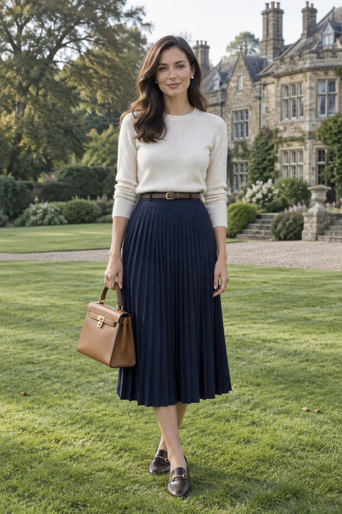 Cream Sweater and Navy Pleated Skirt A cream knit sweater and navy pleated midi skirt are styled with a slim belt, brown loafers, and a tan structured handbag.