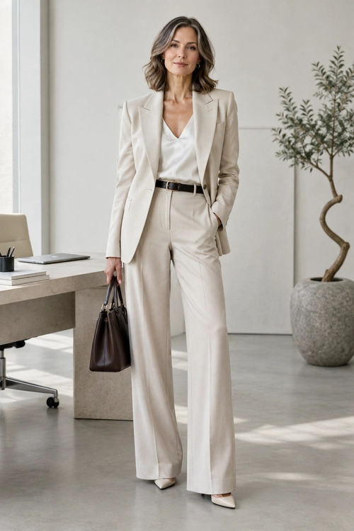 Cream Tailored Office Suit A cream blazer and wide-leg trousers styled with a white V-neck blouse, black belt, dark brown tote, and pointed heels.
