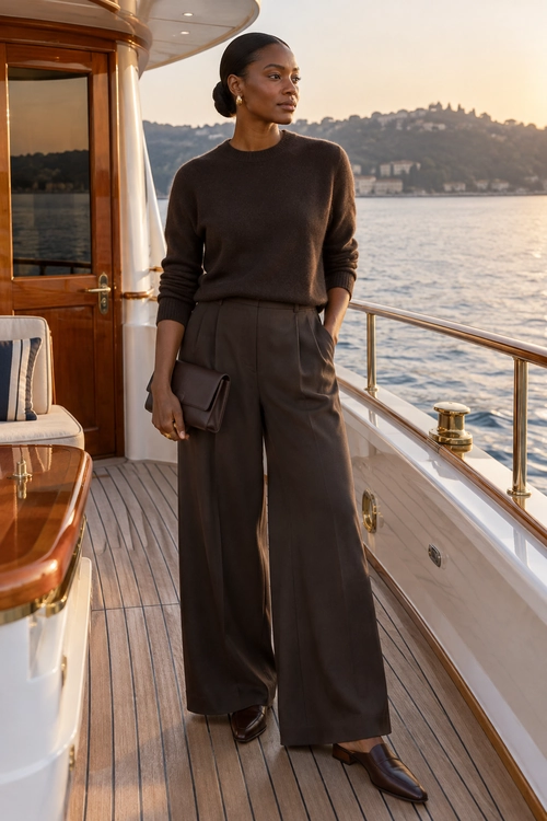 Dark Brown Minimalist Outfit A dark brown crewneck sweater is styled with wide-leg trousers, brown loafers, a matching clutch, and small gold earrings.
