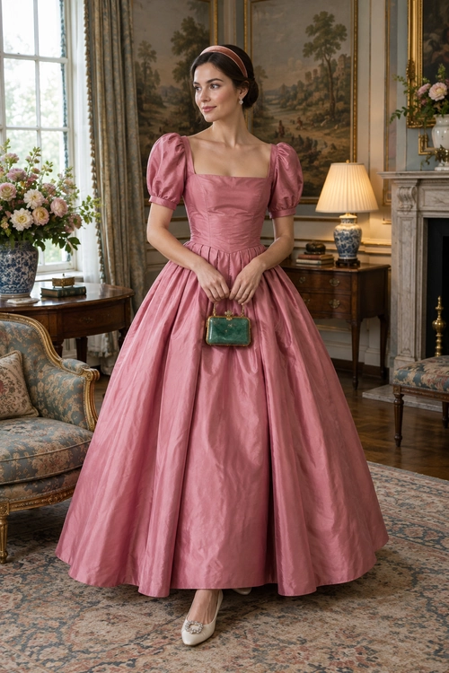 Dusty Pink Ball Gown A woman wears a dusty pink gown with puff sleeves and a full skirt, paired with a headband, a small green handbag, earrings, and ivory heels.