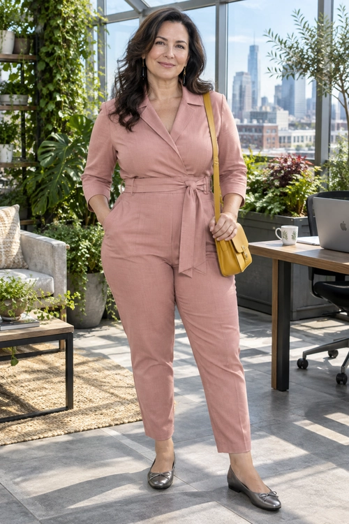 A dusty pink wrap jumpsuit with a tie belt is paired with a mustard yellow crossbody bag and metallic flats.