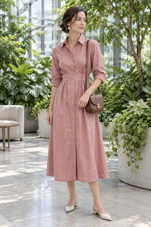 A dusty rose button-front shirt dress with a brown crossbody bag and ivory heels.