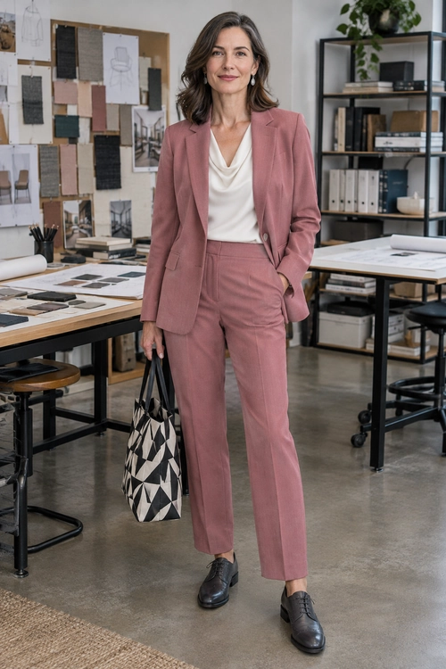 A dusty rose blazer and matching trousers are paired with an ivory draped blouse, black lace-up shoes, and a black-and-white geometric tote.