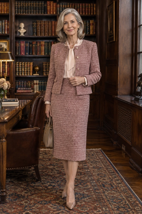 A woman wears a dusty rose tweed jacket and matching knee-length skirt over a blush tie-neck blouse, with nude pumps and a taupe handbag.
