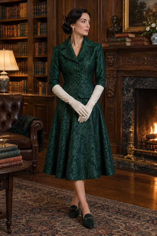 Emerald Brocade Dress with Ivory Gloves A woman wears a dark emerald brocade dress with a full skirt, long ivory gloves, and black loafers.