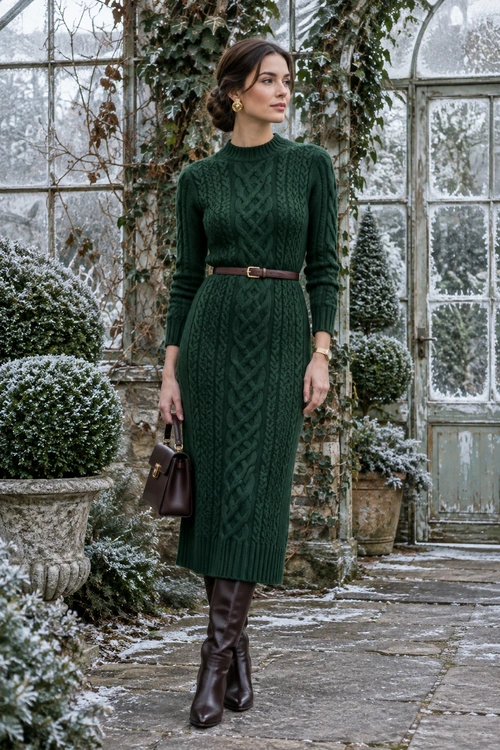 A woman wears a dark green cable-knit midi dress with a slim brown belt, dark brown knee-high boots, gold earrings, and a small brown handbag.