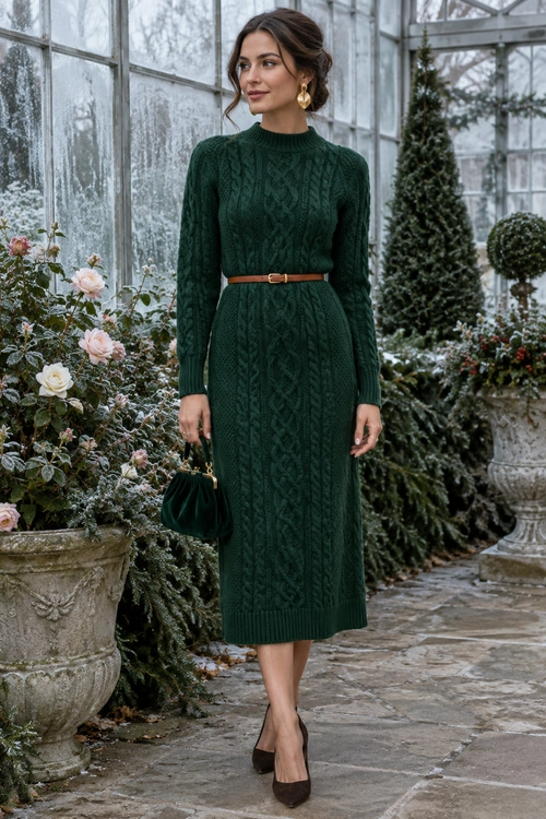 A dark green cable-knit midi dress is styled with a slim brown belt, gold earrings, a small dark handbag, and brown heels.