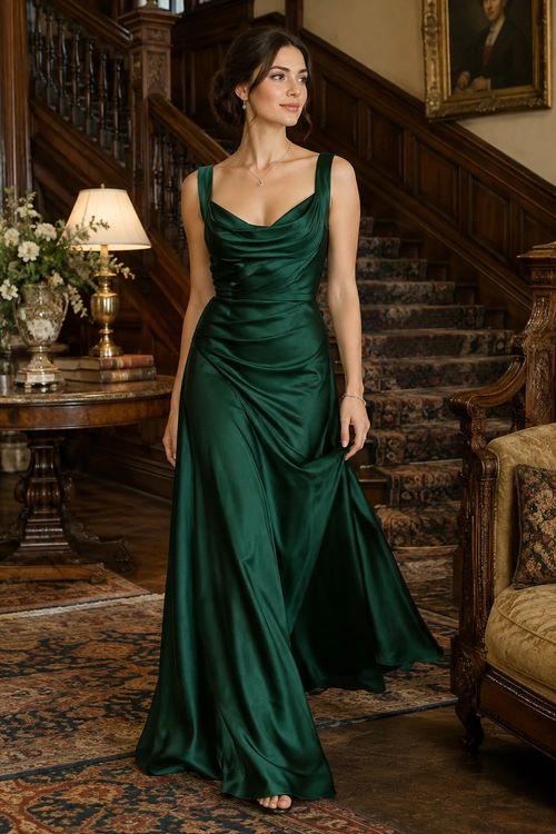A woman wears a floor-length emerald satin gown with a draped neckline and a gathered waist.