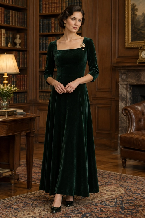 A woman wears a floor-length dark green velvet dress with a square neckline, three-quarter sleeves, a gold brooch, and black pumps.