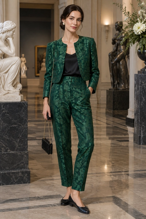 Emerald Jacquard Suit A cropped emerald floral jacquard jacket and matching trousers styled with a black top, flats, and a small chain-strap bag.