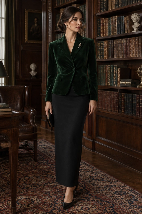 A deep green velvet blazer with a brooch is paired with a long black skirt, black pointed heels, and a small black clutch.