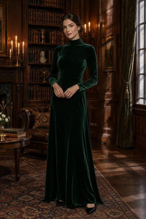 A floor-length emerald velvet gown with a high neckline and long sleeves, styled with black pointed-toe heels and delicate jewelry.