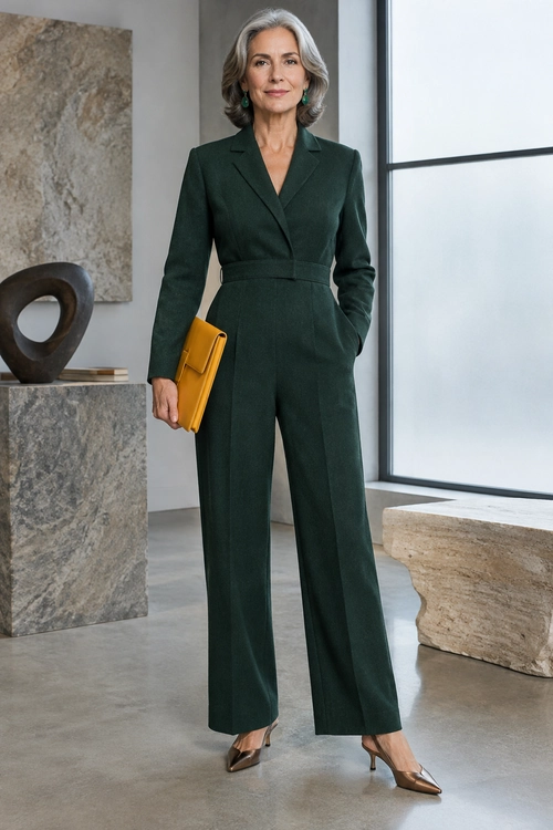 Forest Green Tailored Jumpsuit A forest green belted jumpsuit with wide legs is styled with a mustard yellow clutch, small green earrings, and pointed brown heels.
