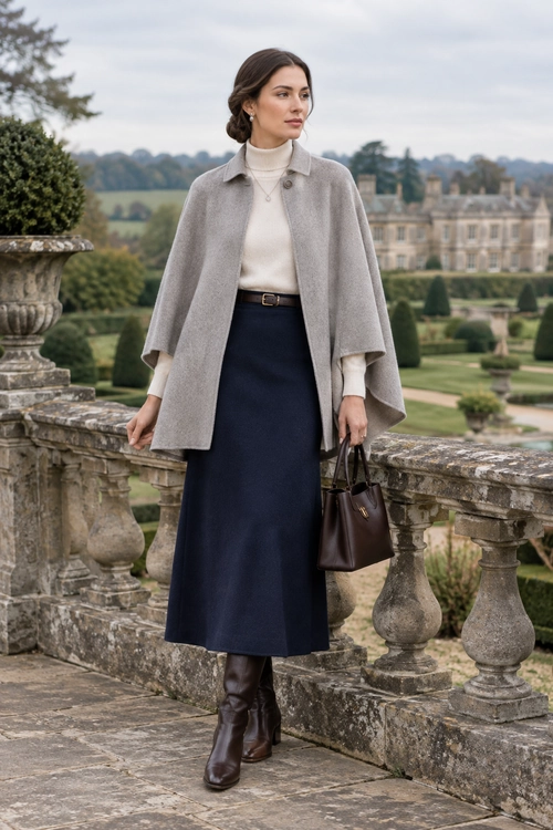 A gray cape coat layered over a cream turtleneck and navy skirt, styled with dark brown boots, a belt, and a handbag.