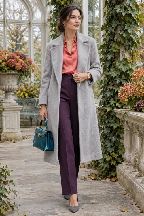 Gray Coat with Plum Trousers A long gray coat layered over a coral button-up shirt and plum trousers, with gray pumps and a teal handbag.