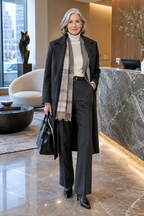 Polished Gray Layered Look A woman wears a charcoal long coat over a cream turtleneck and gray trousers, layered with a plaid scarf and finished with black boots and a handbag.