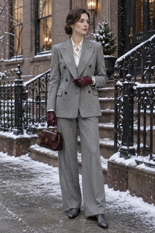 A gray double-breasted blazer and wide-leg trousers styled with an ivory blouse, burgundy gloves, a matching handbag, and gray shoes.