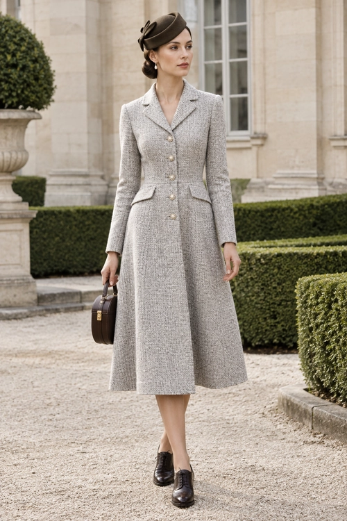 Classic Tweed Coat Outfit A light gray tweed coat with gold-tone buttons is styled with a brown hat, a small dark handbag, and dark leather lace-up shoes.