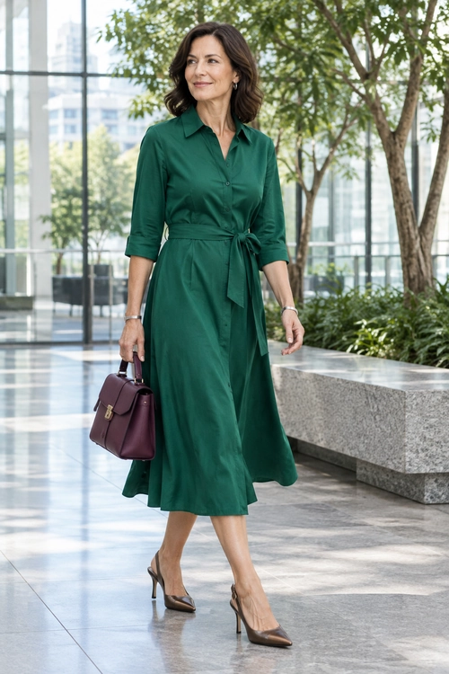 Green Shirt Dress Outfit A woman wears a deep green belted shirt dress with taupe pointed heels and carries a burgundy handbag.