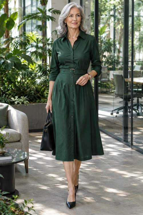 A woman wears a dark green button-front shirt dress with a matching belt, black pointed pumps, and a black handbag.