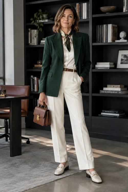 A dark green blazer and ivory blouse with a patterned neck scarf are paired with ivory trousers, a brown belt, a brown handbag, and cream loafers.
