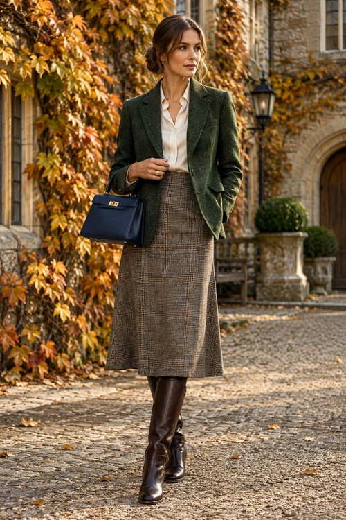 Polished Autumn Tweed Outfit A woman wears a dark green blazer over a cream blouse with a brown tweed midi skirt, dark tights, knee-high leather boots, and a navy handbag.