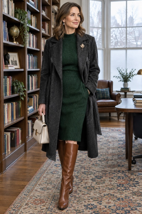 A dark green ribbed knit dress is layered under a long charcoal coat with brown knee-high boots and a cream handbag.