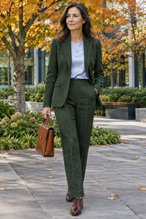 Green Suit with Lavender Top A dark green tailored suit worn with a pale lavender top, brown lace-up shoes, and a structured brown handbag.