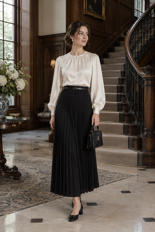 Ivory Blouse and Black Pleated Skirt An ivory long-sleeved blouse is tucked into a black pleated maxi skirt with a slim belt, paired with black heels and a small handbag.