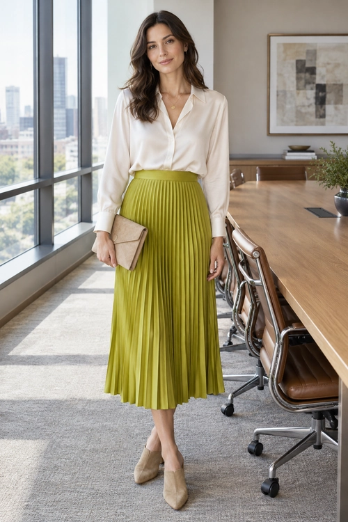 An ivory blouse is tucked into a lime-green pleated midi skirt, paired with beige pointed flats and a tan clutch.