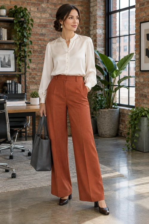 Ivory Blouse and Rust Trousers A woman wears an ivory button-front blouse with rust wide-leg trousers, dark shoes, and a charcoal tote bag.
