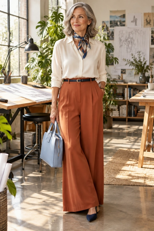 An ivory blouse and patterned blue neck scarf are paired with rust wide-leg trousers, a black belt, navy flats, and a light blue handbag.