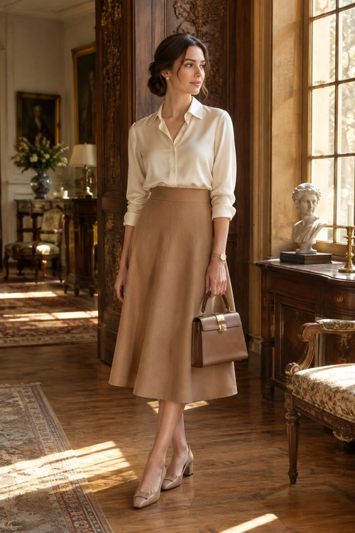 Classic Blouse and Midi Skirt An ivory blouse tucked into a tan midi skirt, paired with nude pumps and a structured brown handbag.