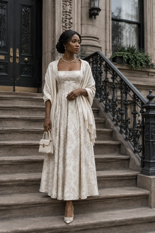 Ivory Floral Dress with Shawl A woman wears an ivory floral-patterned dress with a draped shawl, pearl necklace, small handbag, and pointed-toe heels.