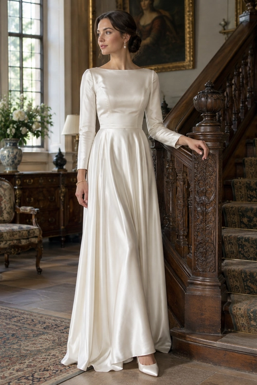 A woman wears an ivory long-sleeve floor-length gown with a full skirt, drop earrings, and pointed-toe heels.