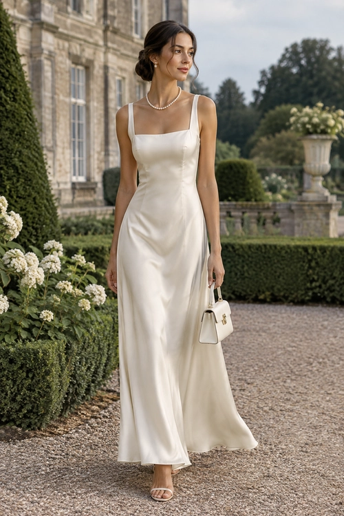 A woman wears an ivory satin square-neck gown with pearl jewelry, a small white handbag, and strappy sandals.