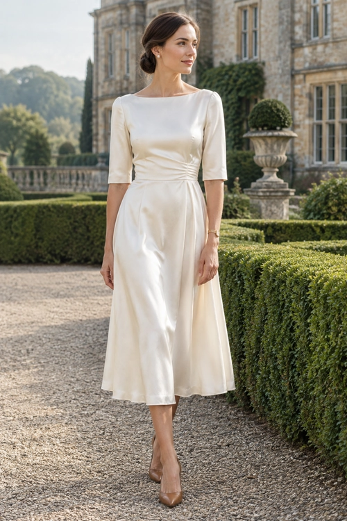 A woman wears an ivory satin midi dress with elbow-length sleeves and nude pumps in a formal garden setting.