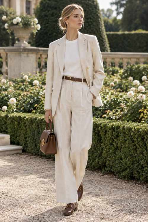 Ivory Tailored Suit A light ivory blazer and wide-leg trousers are styled with a white top, brown belt, brown loafers, and a brown handbag.