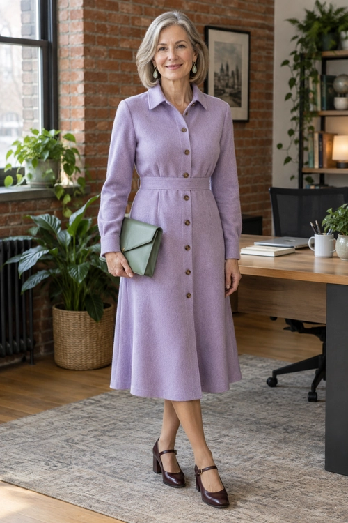 Lavender Belted Shirt Dress A lavender button-front midi shirt dress with a matching waist belt, paired with a sage green clutch and burgundy Mary Jane shoes.