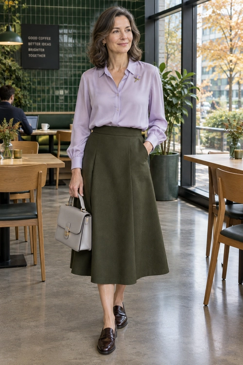 Lavender Blouse and Olive Midi Skirt A lavender button-up blouse is tucked into an olive midi skirt, paired with dark brown loafers and a light gray handbag.