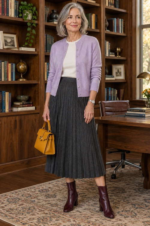 A lavender cardigan over a cream top with a charcoal pleated midi skirt, burgundy ankle boots, and a mustard yellow handbag.