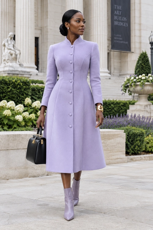 Lavender Coat and Boots A woman wears a tailored lavender button-front coat with matching ankle boots and carries a black top-handle bag.