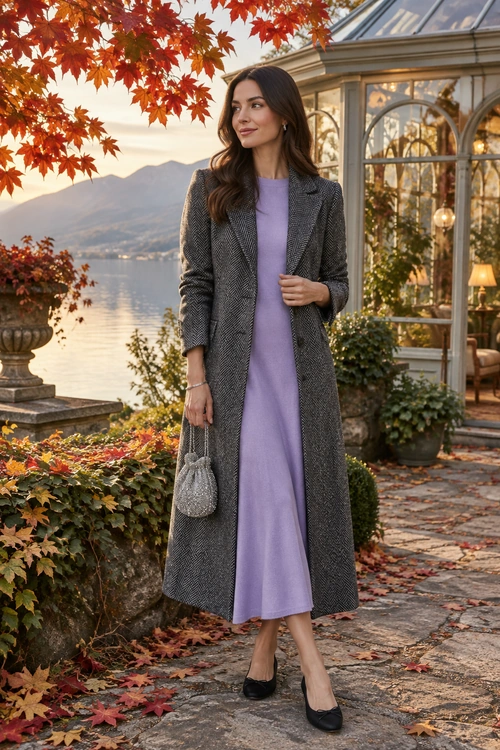 Lavender Dress with a Long Gray Coat A lavender midi dress and long gray patterned coat are paired with black pumps and a small gray handbag.