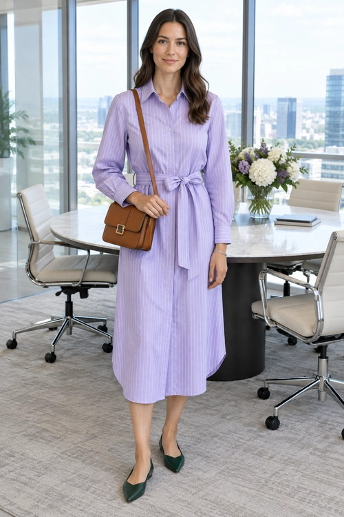 A lavender pinstriped midi shirt dress with a tied waist is styled with a brown crossbody bag and dark green flats.