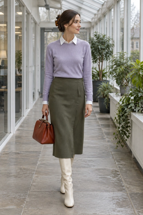 A lavender sweater layered over a white collared shirt with an olive midi skirt, cream knee-high boots, and a brown handbag.