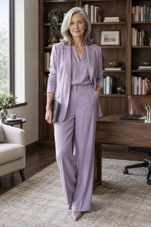 A woman wears a lavender blazer and matching wide-leg trousers with a coordinating blouse and pointed-toe heels.