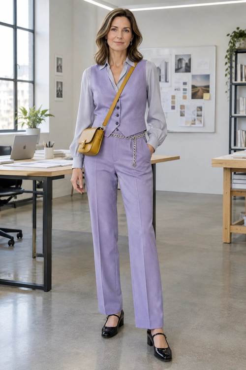Lavender Vest and Trouser Outfit A lavender tailored vest and trousers are worn over a pale button-down shirt, with a mustard crossbody bag, chain belt, and black strap shoes.