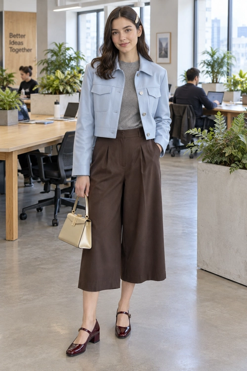 Light Blue Jacket and Brown Culottes A light blue cropped jacket over a gray top with brown wide-leg cropped trousers, burgundy Mary Jane shoes, and a cream handbag.