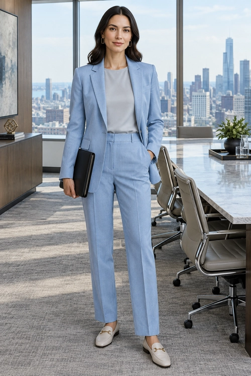 A woman wears a light blue blazer and matching trousers over a pale top, with cream loafers and gold-tone earrings.